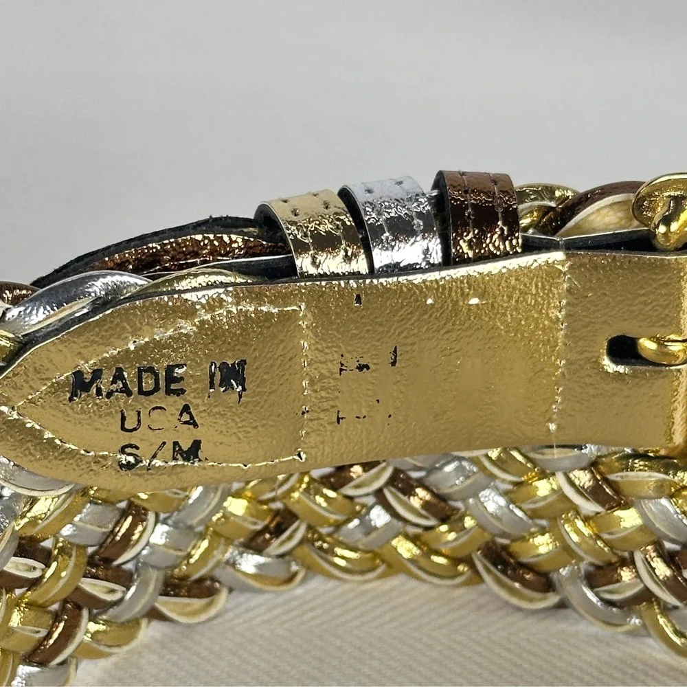 Vintage 80s Braided‎ Tri-color Mixed Metal Gold Silver Bronze Woven Belt S/M USA